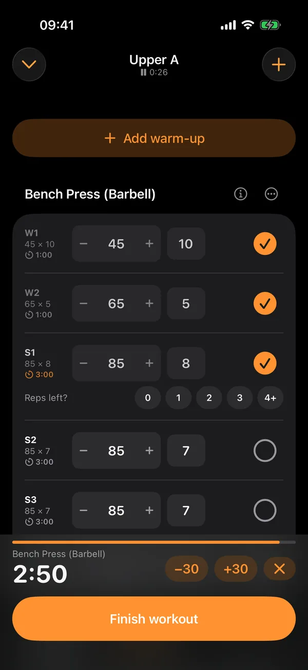 A workout in Liftlode with suggested sets